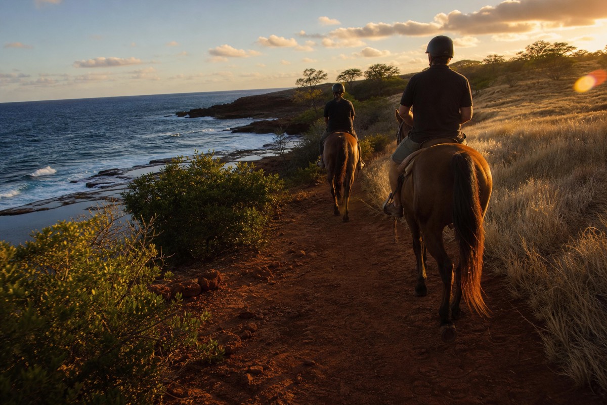 Riders on a coastal trail at golden hour enjoying dry side Kauai horseback riding on the south shore