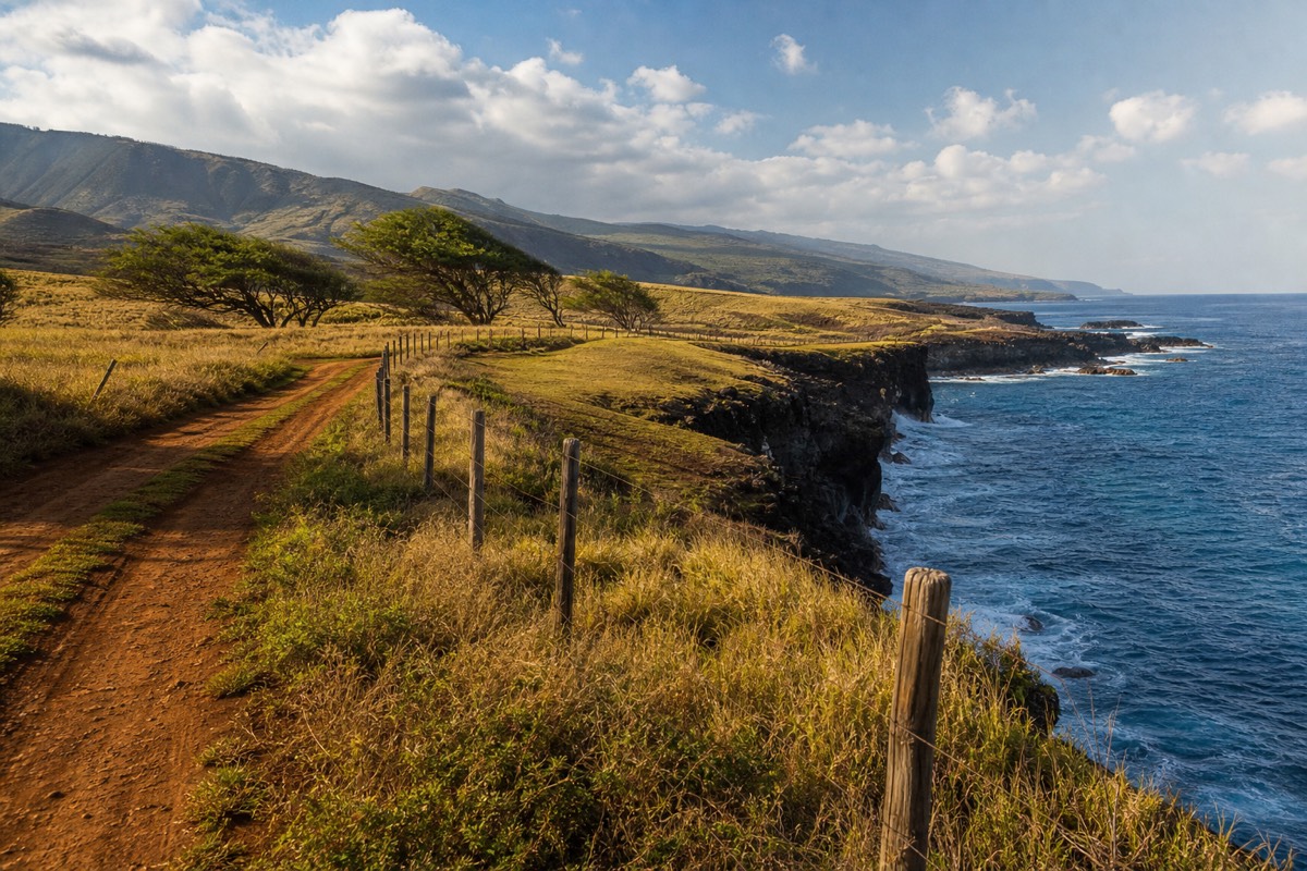 Riders on a ranch track near Maha'ulepu with sea cliffs along the coast on a Kauai horseback riding tour