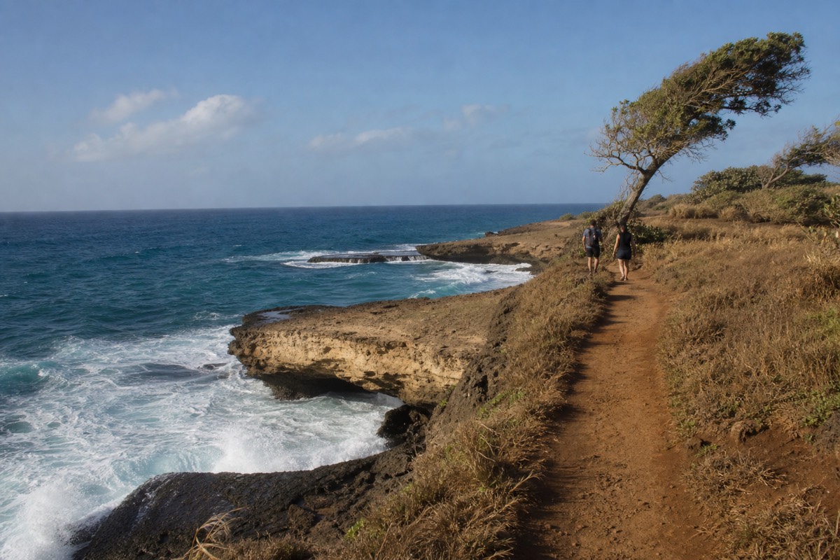 Sunlit coastal footpath along the lithified limestone cliffs of the Maha'ulepu Heritage Trail Kauai, with surf breaking below