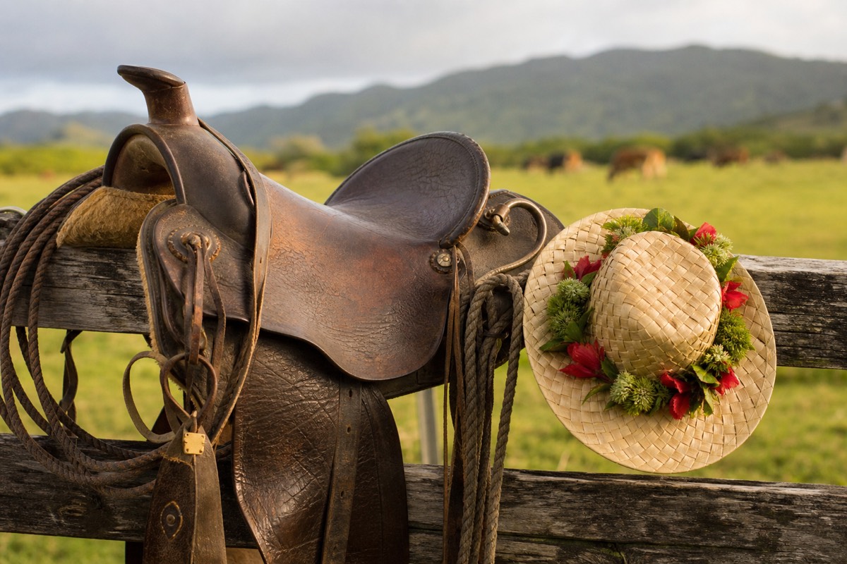 A paniolo saddle and lauhala hat, traditional gear for horseback riding in Kauai